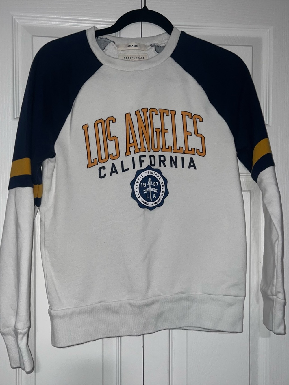 Aeropostale White, Navy & Gold Los Angeles Graphic Crewneck
